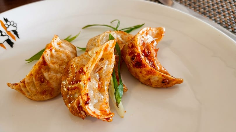 Four pan-fried dumplings with chili oil and green onions on a white plate with a paw print logo.