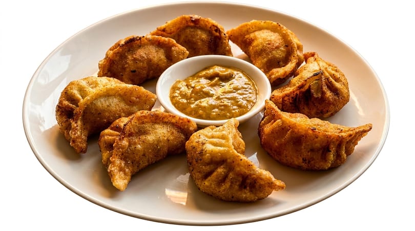 Golden-brown fried dumplings arranged in a circle around a small bowl of dipping sauce on a white plate.