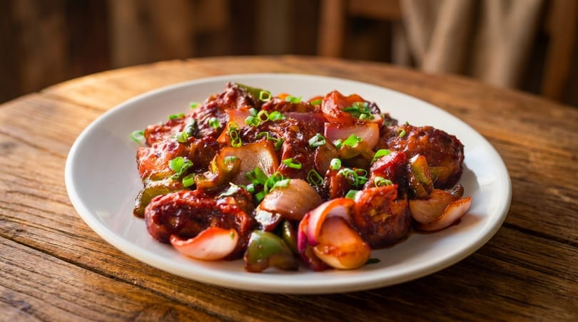 Spicy chicken Manchurian with onions and green peppers on a white plate, on a wooden table.